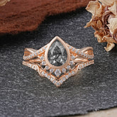 Ultra Luxurious Vintage Pear-Cut Natural Black Rutilated Quartz Ring Set
